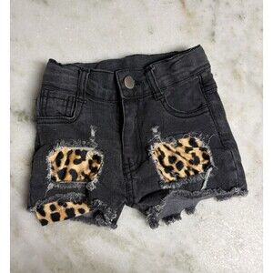 Toddler Girls XS Animal Print Distressed Black Denim Shorts Cutoff Jean 2T-4T